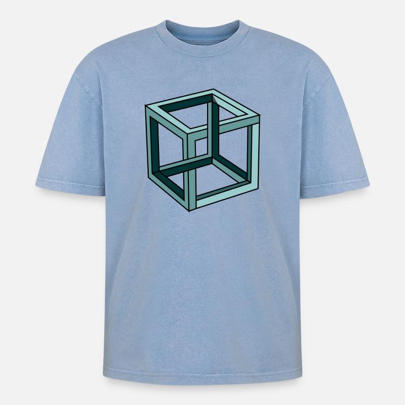 Escher Impossible Cube - Oversized Unisex Premium Acid-Washed T-Shirt - Blau Acid Wash