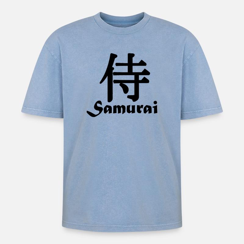 Samurai mit Text - Oversized Unisex Premium Acid-Washed T-Shirt - Blau Acid Wash