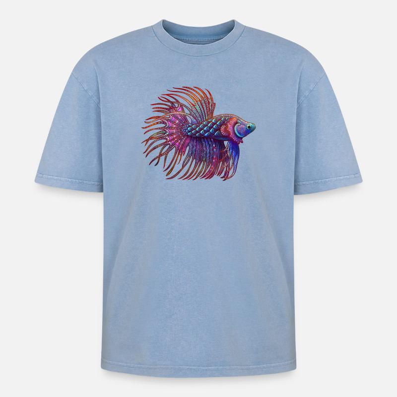 Betta Zentangle Farbe - Oversized Unisex Premium Acid-Washed T-Shirt - Blau Acid Wash