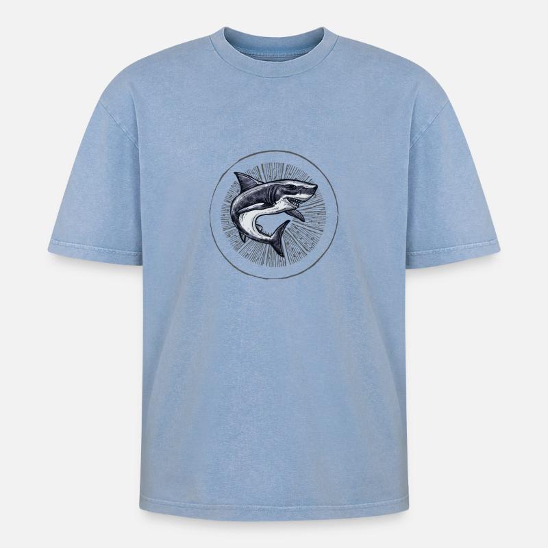 Dancing Shark - Oversized Unisex Premium Acid-Washed T-Shirt - Blau Acid Wash