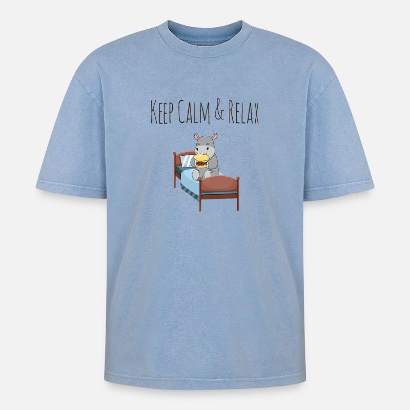 Keep Calm & Relax - süßes Nilpferd mit Burger - Oversized Unisex Premium Acid-Washed T-Shirt - Blau Acid Wash