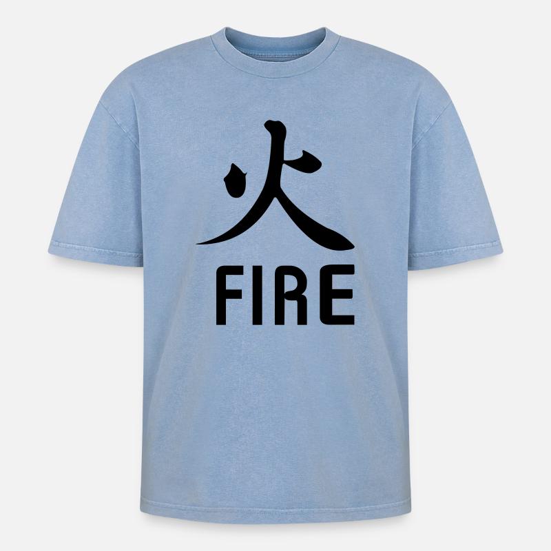 Feuer kanji mit Text - Oversized Unisex Premium Acid-Washed T-Shirt - Blau Acid Wash