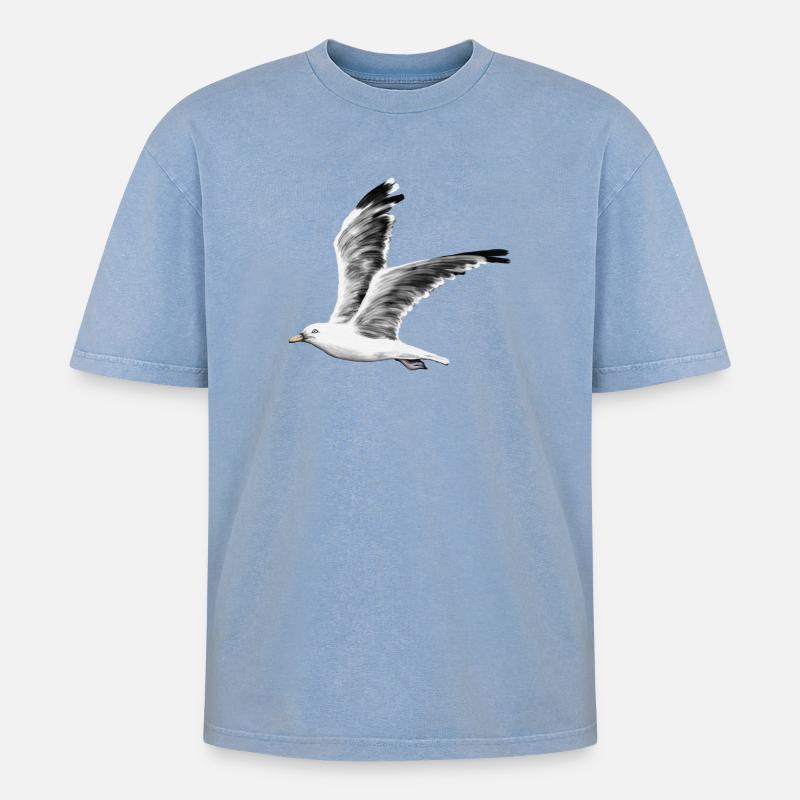 Möwe - Oversized Unisex Premium Acid-Washed T-Shirt - Blau Acid Wash