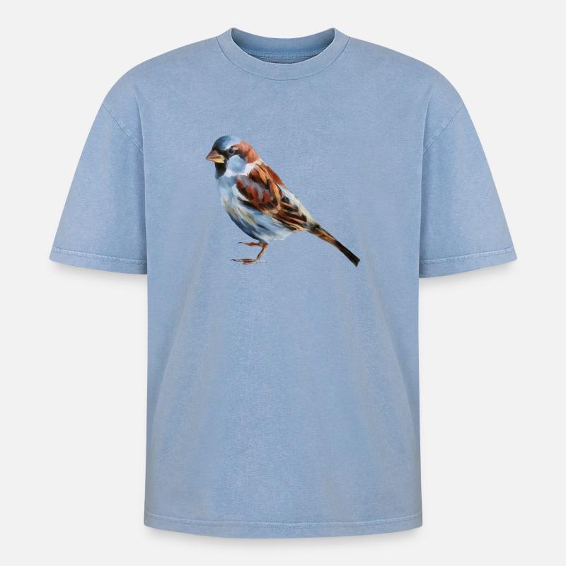 Vogel Spatz  - Oversized Unisex Premium Acid-Washed T-Shirt - Blau Acid Wash