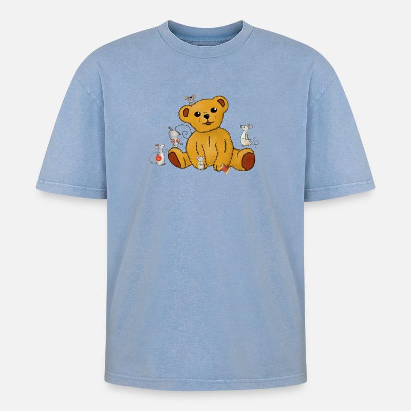 Mäuse nähen Teddy - Oversized Unisex Premium Acid-Washed T-Shirt - Blau Acid Wash