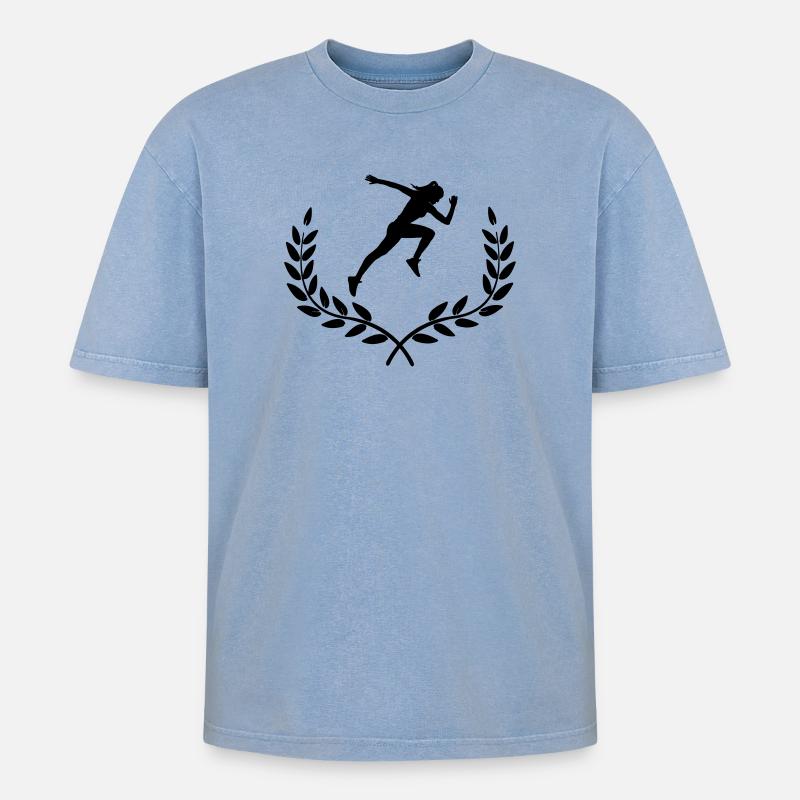 Sprinter in Lorbeerdekoration - Oversized Unisex Premium Acid-Washed T-Shirt - Blau Acid Wash