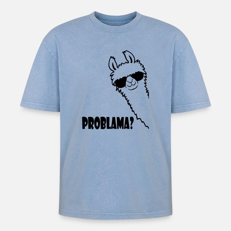 Lama Problama Frage - Oversized Unisex Premium Acid-Washed T-Shirt - Blau Acid Wash
