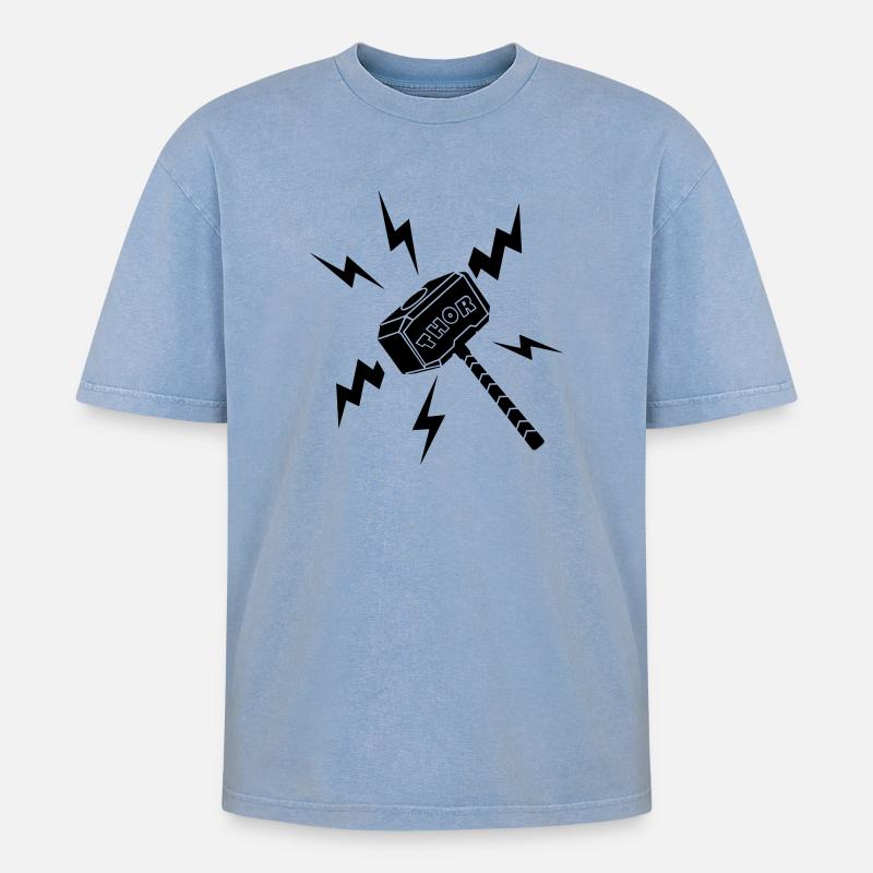 Thor-Hammer mit Text THOR - Oversized Unisex Premium Acid-Washed T-Shirt - Blau Acid Wash
