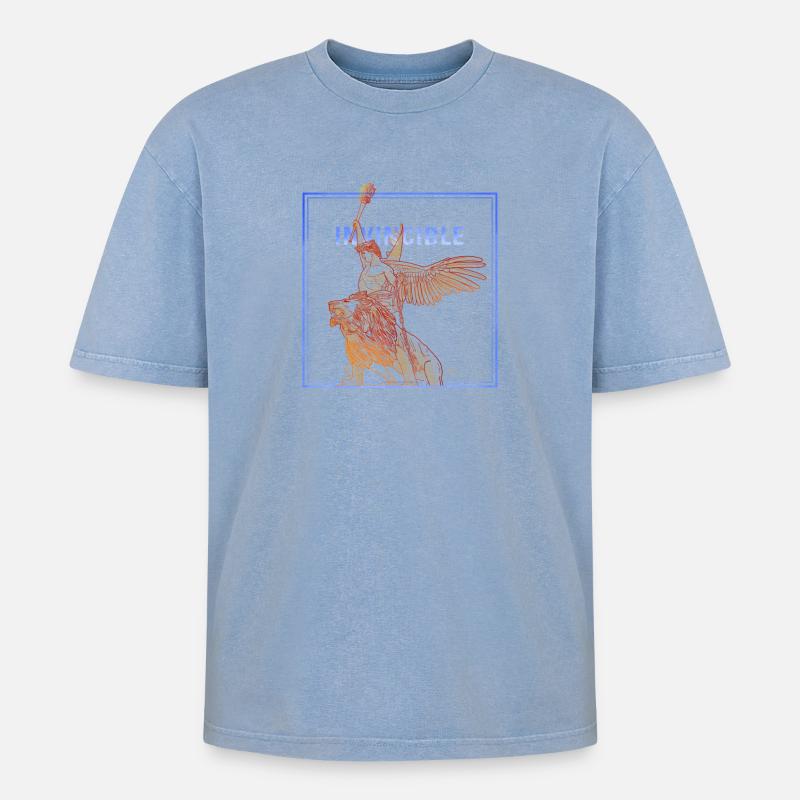 Invincible Angle with Lion - Oversized Unisex Premium Acid-Washed T-Shirt - Blau Acid Wash