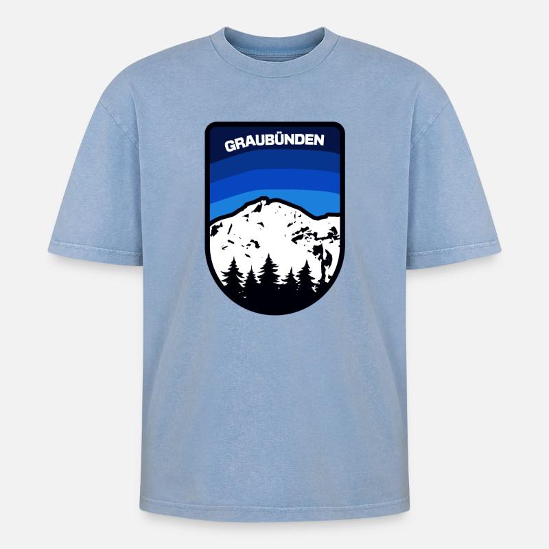 Graubünden Berglandschaft Emblem - Oversized Unisex Premium Acid-Washed T-Shirt - Blau Acid Wash