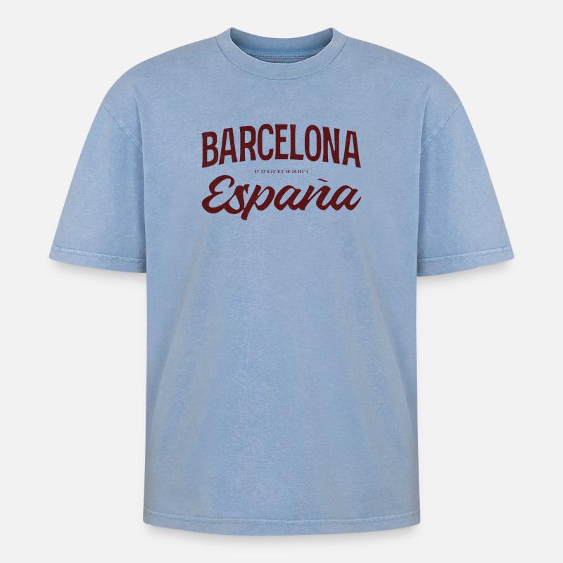 Barcelona Spanien Script Logo - Oversized Unisex Premium Acid-Washed T-Shirt - Blau Acid Wash