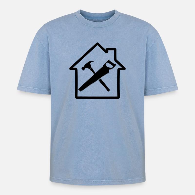Construction de maison à logo d’outil de charpentier - T-shirt Premium unisexe oversize acid-washed - bleu délavé acide