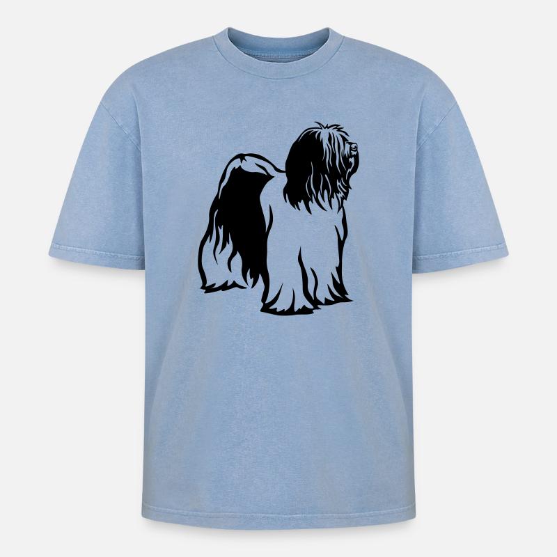 Tibet Terrier - Oversized Unisex Premium Acid-Washed T-Shirt - Blau Acid Wash