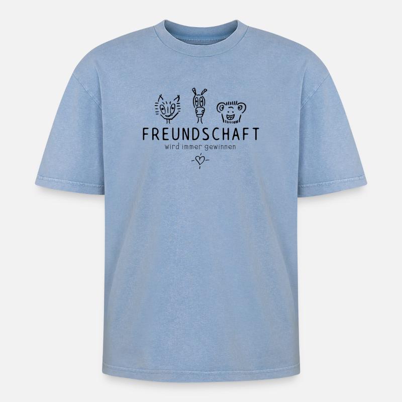 "Freundschaft wird immer gewinnen", schöner Spruch - Oversized Unisex Premium Acid-Washed T-Shirt - Blau Acid Wash
