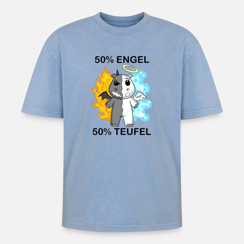 Nilpferd - Engel und Teufel - Oversized Unisex Premium Acid-Washed T-Shirt - Blau Acid Wash