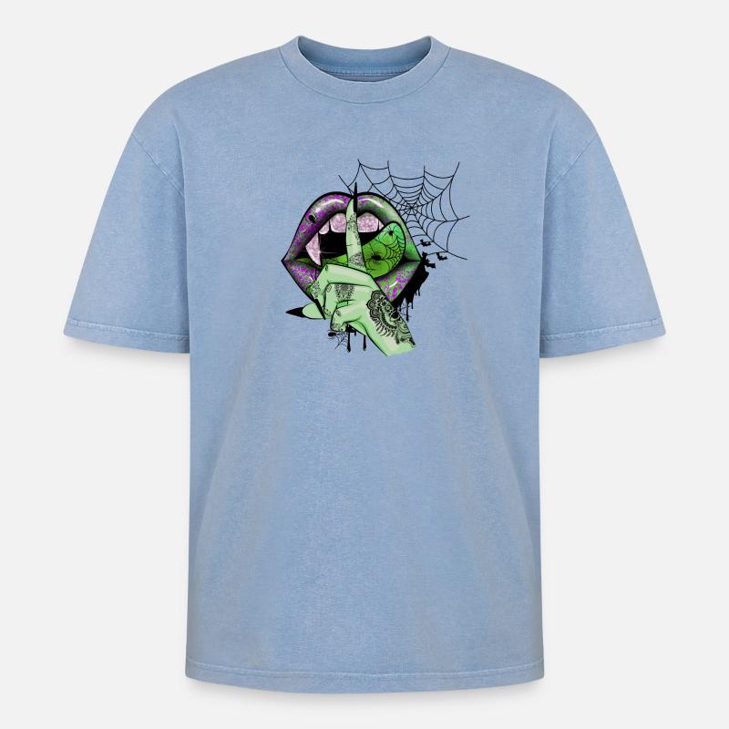 Green Vampire lips - Oversized Unisex Premium Acid-Washed T-Shirt - Blau Acid Wash