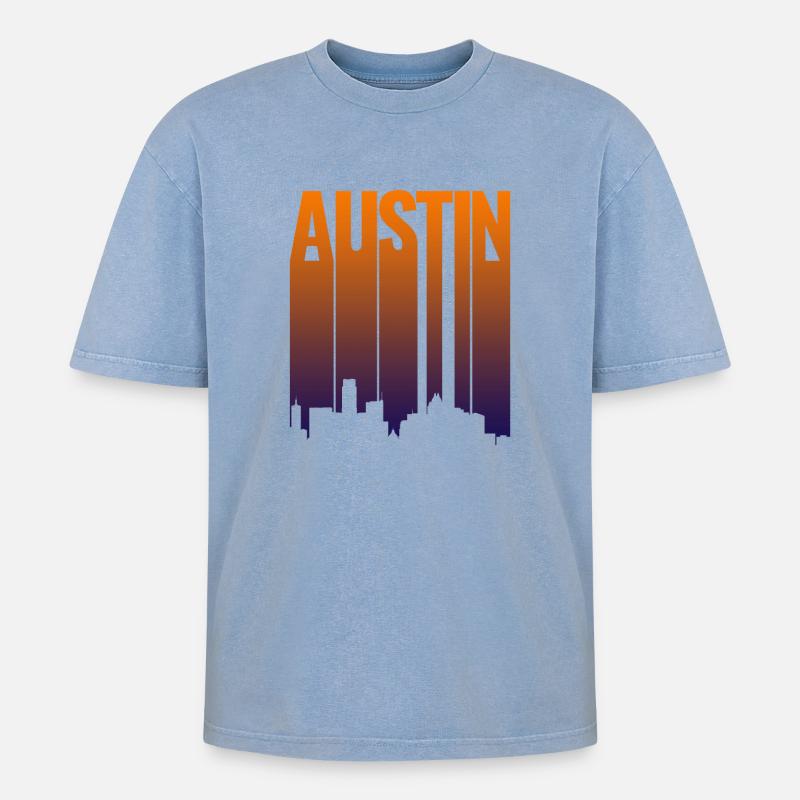 Austin Skyline Gradient - Oversized Unisex Premium Acid-Washed T-Shirt - acid washed blue