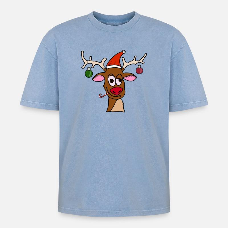 Drunk Reindeer - Oversized Unisex Premium Acid-Washed T-Shirt - Blau Acid Wash