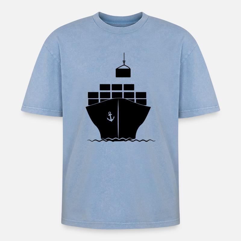 Seecontainerboot mit Kranbeladung - Oversized Unisex Premium Acid-Washed T-Shirt - Blau Acid Wash