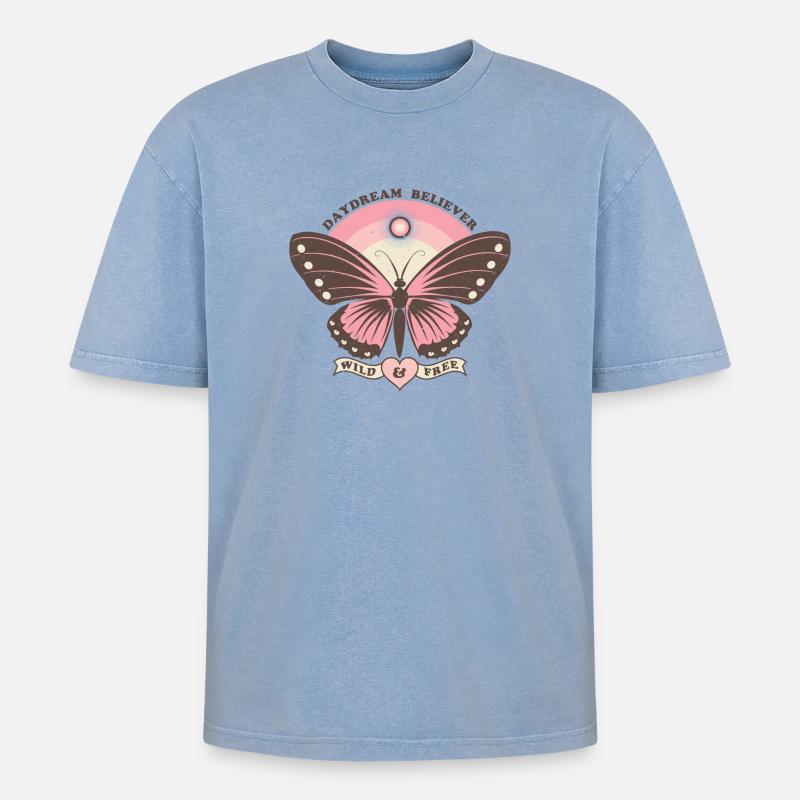 Boho Style Schmetterling - Oversized Unisex Premium Acid-Washed T-Shirt - Blau Acid Wash