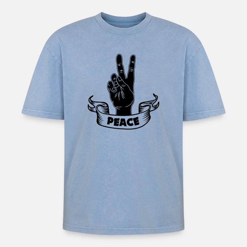 Schwarzer Handfrieden mit Text FRIEDEN - Oversized Unisex Premium Acid-Washed T-Shirt - Blau Acid Wash