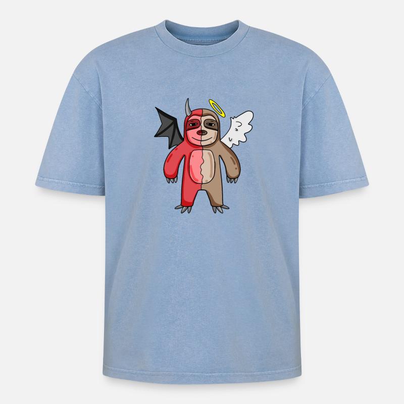 Sloth - Angel and Devil - Oversized Unisex Premium Acid-Washed T-Shirt - acid washed blue