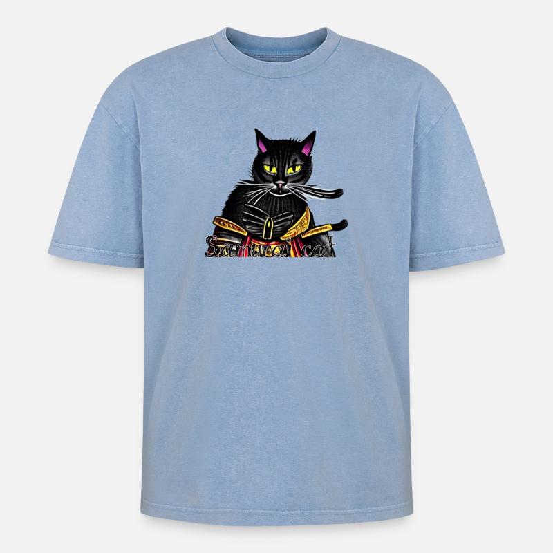 Samurai-Katze mit Goldrüstung - Oversized Unisex Premium Acid-Washed T-Shirt - Blau Acid Wash