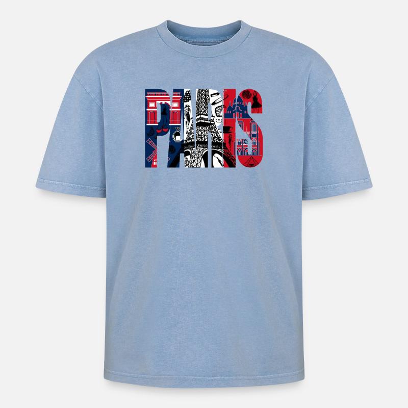 Collage Paris Eiffel Tour - Oversized Unisex Premium Acid-Washed T-Shirt - acid washed blue