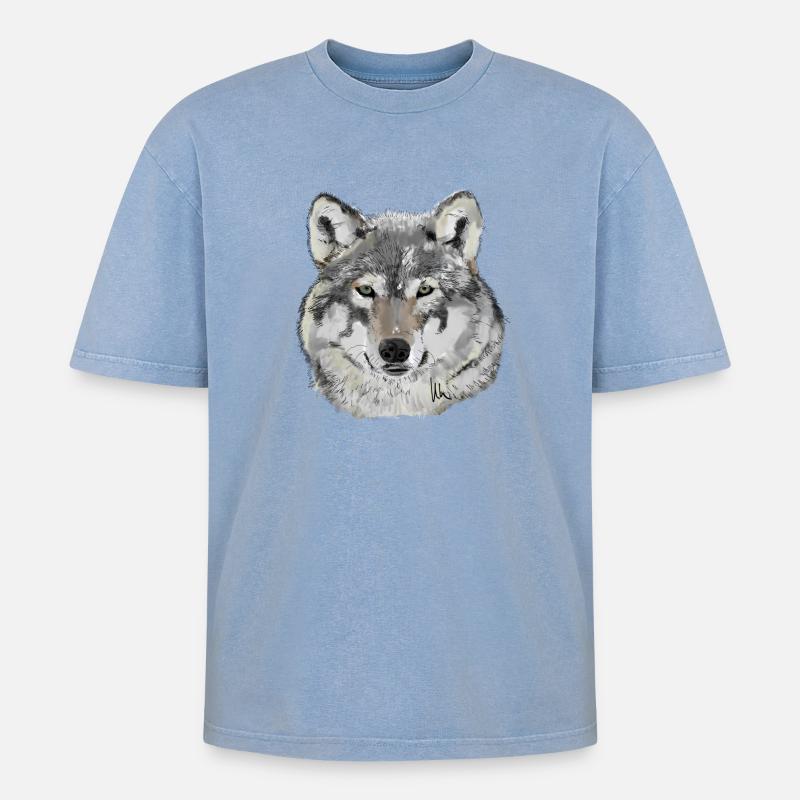 Wolf - Oversized Unisex Premium Acid-Washed T-Shirt - Blau Acid Wash