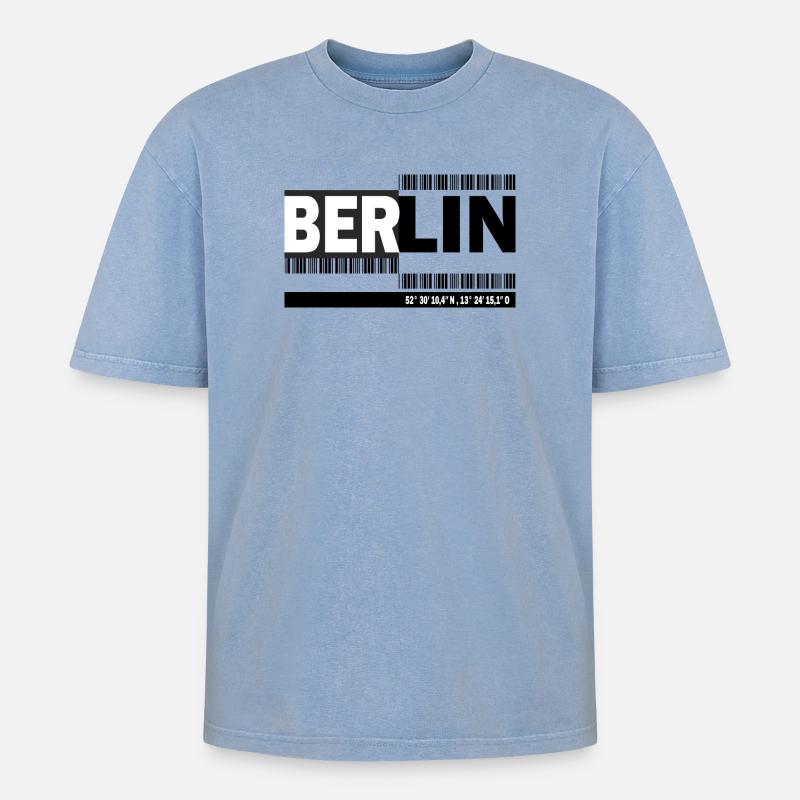 BERLIN - Barcode - Oversized Unisex Premium Acid-Washed T-Shirt - Blau Acid Wash