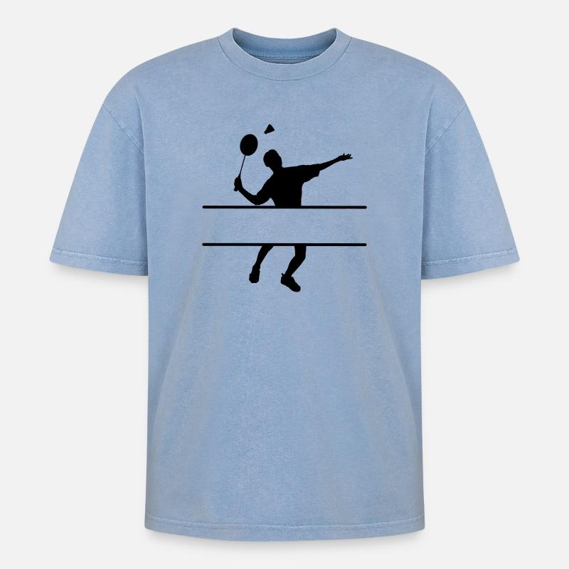 Schattenbild eines Badmintonspielers - Oversized Unisex Premium Acid-Washed T-Shirt - Blau Acid Wash