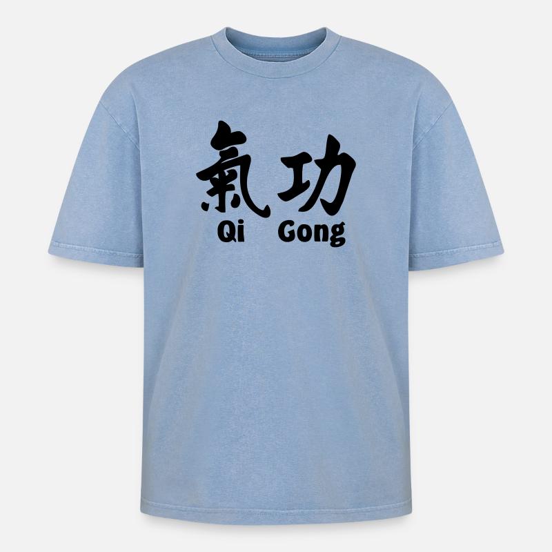 QI-Gong-Skript mit Text horizontal - Oversized Unisex Premium Acid-Washed T-Shirt - Blau Acid Wash