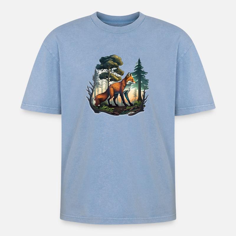 Fuchs im Wald - Oversized Unisex Premium Acid-Washed T-Shirt - Blau Acid Wash