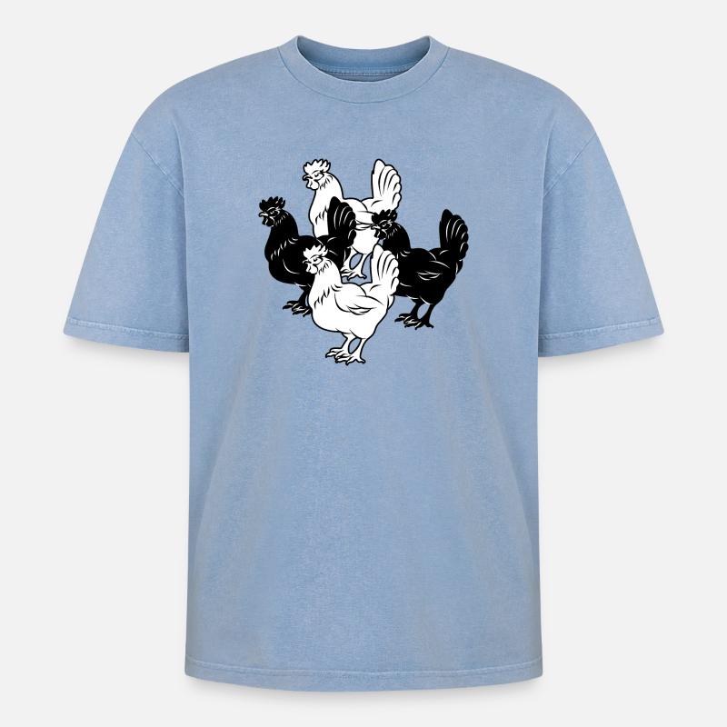 vier Hühner - Oversized Unisex Premium Acid-Washed T-Shirt - Blau Acid Wash