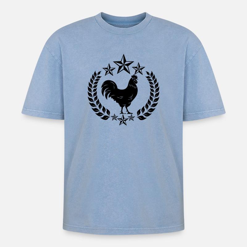 Schwarzer Hahn mit Lorbeerkranz - Oversized Unisex Premium Acid-Washed T-Shirt - Blau Acid Wash