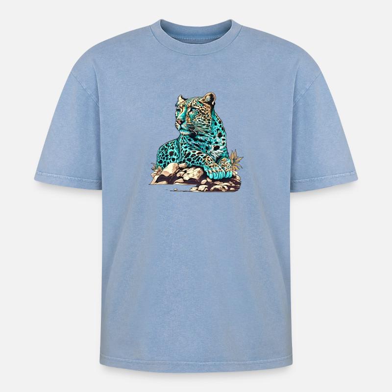 Leopard auf Lauer - Oversized Unisex Premium Acid-Washed T-Shirt - Blau Acid Wash