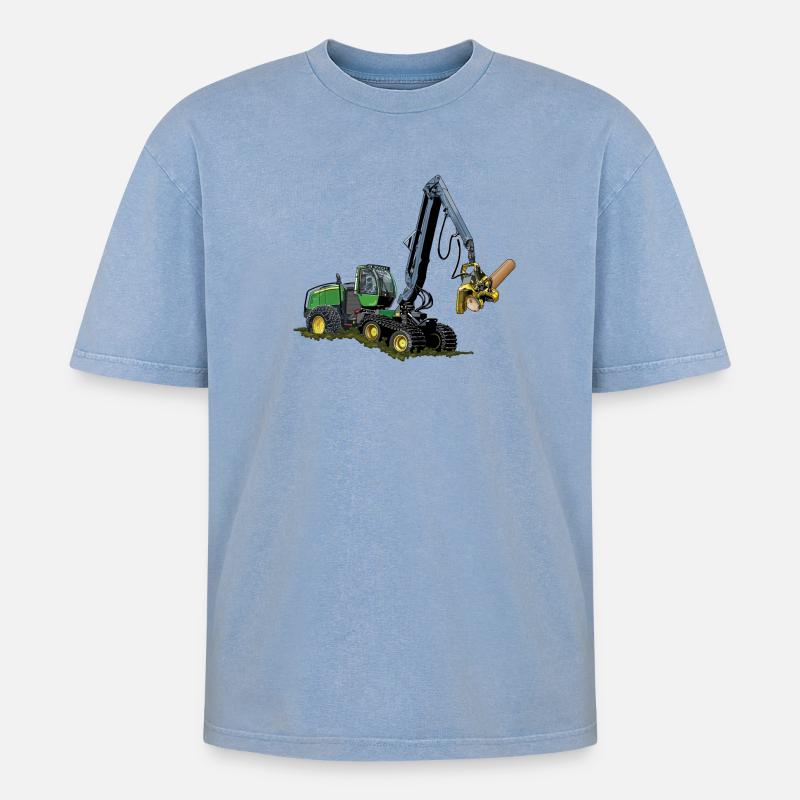Harvester, Holzerntemaschine - Oversized Unisex Premium Acid-Washed T-Shirt - Blau Acid Wash