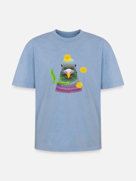 Löwenzahntaube - Oversized Unisex Premium Acid-Washed T-Shirt - Blau Acid Wash