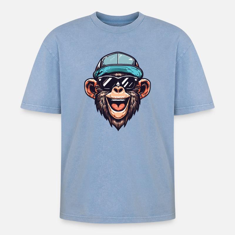 Lustiger Affe - Oversized Unisex Premium Acid-Washed T-Shirt - Blau Acid Wash