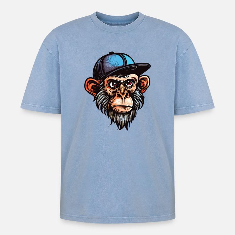 Funny Monkey - Oversized Unisex Premium Acid-Washed T-Shirt - acid washed blue
