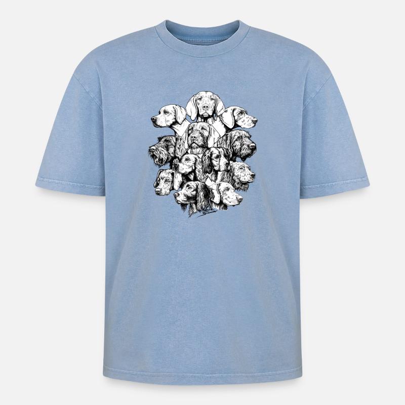 Wimmelbild Vorstehhunde - Oversized Unisex Premium Acid-Washed T-Shirt - Blau Acid Wash