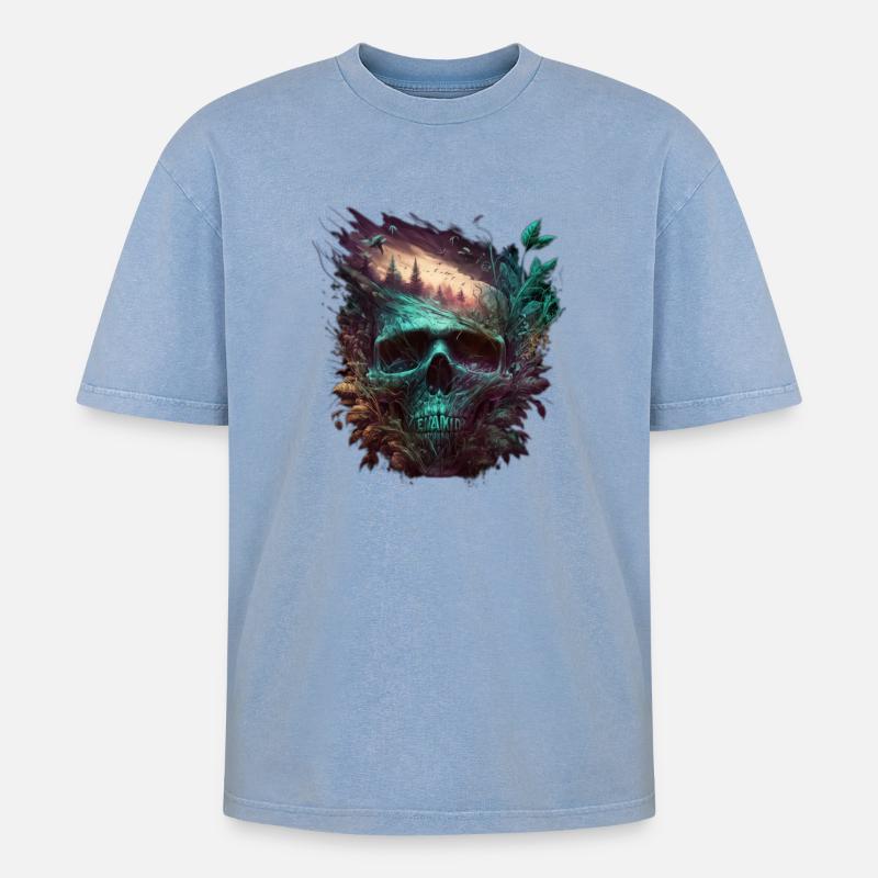 Neon Schädel Waldkunst - Oversized Unisex Premium Acid-Washed T-Shirt - Blau Acid Wash