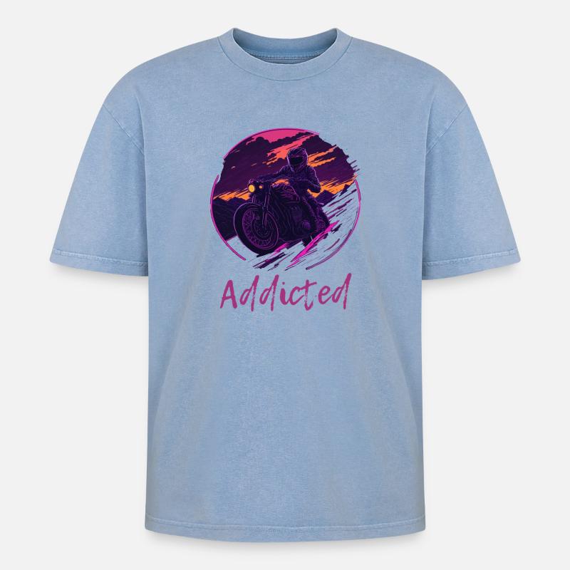Synthwave Motorcycle Addicted - Oversized Unisex Premium Acid-Washed T-Shirt - Blau Acid Wash