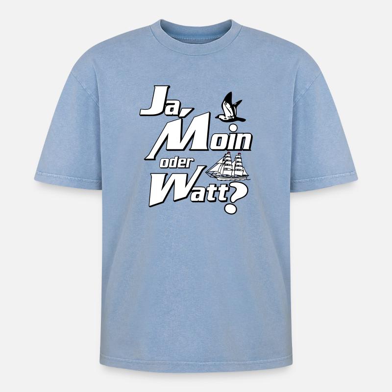 Ja Moin oder Watt? - Oversized Unisex Premium Acid-Washed T-Shirt - Blau Acid Wash