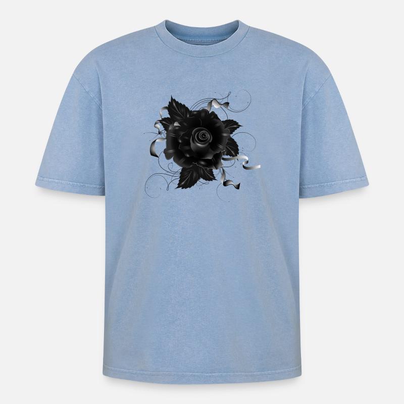 schwarze Gothic Rose mit dunklen Bändern - Oversized Unisex Premium Acid-Washed T-Shirt - Blau Acid Wash