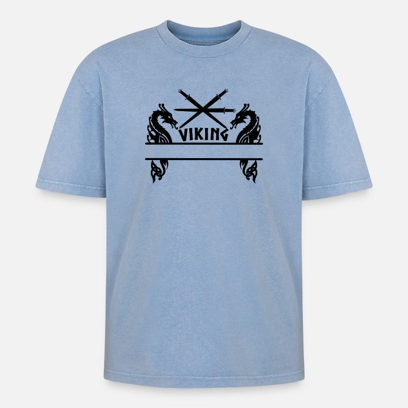 Wikinger Drei Schwerter Zwei Drachen Wikinger - Oversized Unisex Premium Acid-Washed T-Shirt - Blau Acid Wash
