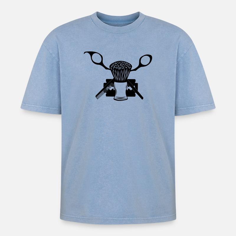 Schere, Rasierpinsel, Rasierklinge - Oversized Unisex Premium Acid-Washed T-Shirt - Blau Acid Wash