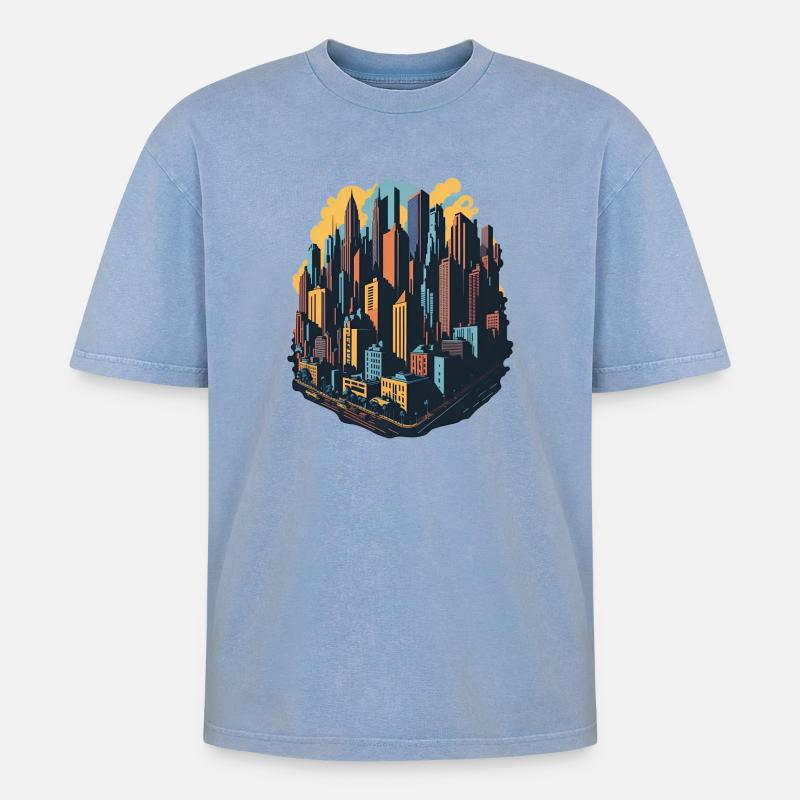 Skyline - Oversized Unisex Premium Acid-Washed T-Shirt - Blau Acid Wash