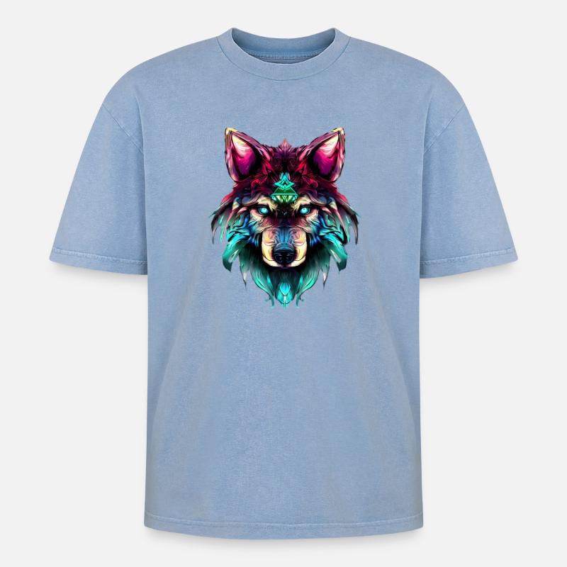 Mystischer Wolf Synthwave Wolfskopf - Oversized Unisex Premium Acid-Washed T-Shirt - Blau Acid Wash
