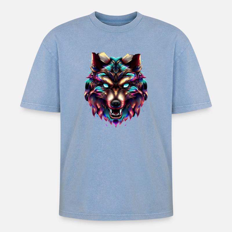Wolf’s Head Synthwave Wolf - T-shirt Premium unisexe oversize acid-washed - bleu délavé acide